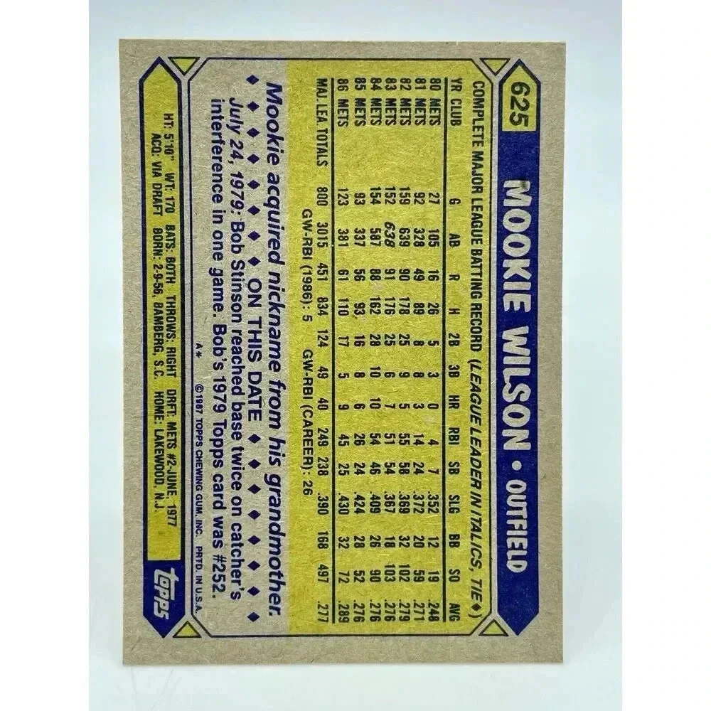 Mookie Wilson #625 New York Mets Vintage 1987 Topps TCG MLB‎ Mint